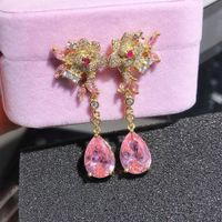 Flower Stud Earrings Stereo Rose Pink Drop-shaped Gemstone Crystal Long Earrings main image 6