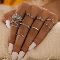 Europe And America Cross Border Twin Fashion Ornament Silver Diamond-studded Ring Eight-piece Set Irregular Open Ring Set main image 2