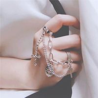 European And American Exaggerated Alloy Two-finger Conjoined Chain Ring Hip Hop Cross Open Ring main image 1