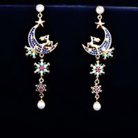 Retro Blue Zircon Long Snowflake Earrings Pearl Star Moon Deer Earrings sku image 1