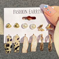 New Retro C-shaped Earrings Set 6 Pairs Creative Personality Dripping Oil Leopard Love Butterfly Earrings sku image 1