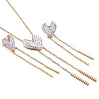 Stainless Steel Jewelry New Creative Heart-shaped Diamond Long Tassel Necklace Earrings Suit sku image 2