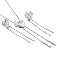 Stainless Steel Jewelry New Creative Heart-shaped Diamond Long Tassel Necklace Earrings Suit sku image 1