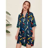 Pajamas Summer Silk Thin Section Mid-sleeved Cute Cat Shirt Skirt Outwear Wholesale Nihaojewelry sku image 6
