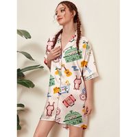 Pajamas Summer Silk Thin Section Mid-sleeved Cute Cat Shirt Skirt Outwear Wholesale Nihaojewelry sku image 22