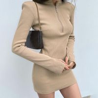 Women's 2021 New Autumn And Winter Fashion High-neck Zipper Long-sleeved Finger Sleeve Dress main image 1
