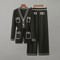 Fashion Long-sleeved Knit Suit Lace-up Waist Mid-length V-neck Cardigan Wide-leg Trousers Two-piece Female main image 3