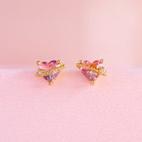Hot Pink Peach Heart Stud Earrings Copper Plated 18k Real Gold Color Preserving Earrings main image 3
