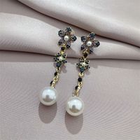 Personality Japan And South Korea New Flower Color Diamond Micro-inlaid Earrings Pearl Pendant Earrings Long Earrings main image 3