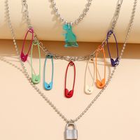 European And American Fashion Personality Lock Pendant Spray Paint Pin Dinosaur Multi-piece Combination Necklace For Women sku image 1