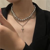 Double Layered Stainless Steel Necklace Niche Cross Round Bead Cold Wind Y2k Male And Female Clavicle Chain main image 2