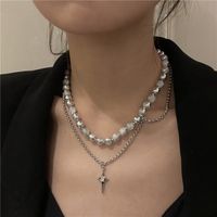 Double Layered Stainless Steel Necklace Niche Cross Round Bead Cold Wind Y2k Male And Female Clavicle Chain main image 3