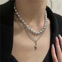 Double Layered Stainless Steel Necklace Niche Cross Round Bead Cold Wind Y2k Male And Female Clavicle Chain main image 4