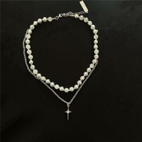 Double Layered Stainless Steel Necklace Niche Cross Round Bead Cold Wind Y2k Male And Female Clavicle Chain main image 6