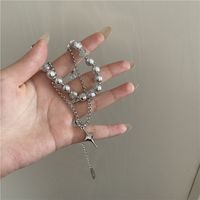 Double Layered Stainless Steel Necklace Niche Cross Round Bead Cold Wind Y2k Male And Female Clavicle Chain sku image 1