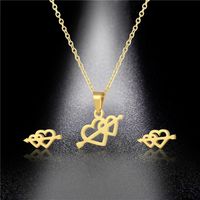 Stainless Steel One Arrow Pierced Necklace Earrings Set Heart-shaped Sweater Chain Necklace Three-piece Set main image 4