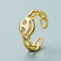Fashion Brass Micro Inlaid Zircon Plated Real Gold Ring Smiley Face Opening Adjustable Hip Hop Ring main image 3