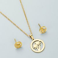 Titanium Steel Jewelry Fashion Hollow Love Coconut Tree Pendant Necklace Earrings Set main image 4