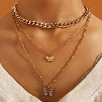 New Inlaid Rhinestone Butterfly Pendant Necklace Simple Alloy Stacking Three-layer Clavicle Chain main image 1