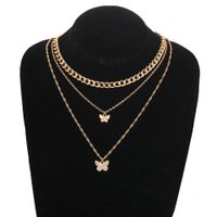 New Inlaid Rhinestone Butterfly Pendant Necklace Simple Alloy Stacking Three-layer Clavicle Chain main image 3