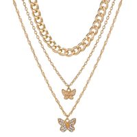 New Inlaid Rhinestone Butterfly Pendant Necklace Simple Alloy Stacking Three-layer Clavicle Chain main image 6