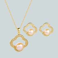 Korean Fashion Freshwater Pearl Earrings Necklace Set Copper Inlaid Zircon Clavicle Chain sku image 1