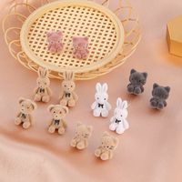 Korean Cartoon Cute Flocking Bear Earrings 925 Silver Needle Plush Rabbit Cat Earrings main image 3