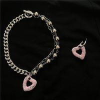 European And American Internet Hot Sweater Chain Accessories Ins Cuban Chain Pink Oil Painting Sweet Cool Hot Girl Peach Heart Necklace Earrings For Women main image 4