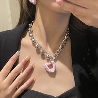 European And American Internet Hot Sweater Chain Accessories Ins Cuban Chain Pink Oil Painting Sweet Cool Hot Girl Peach Heart Necklace Earrings For Women main image 5