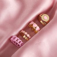 Cross-border Ins New Style Pink Love Heart-shaped Ring Set Creative Sweet Peach Heart Drop Oil Ring Color Retention Four-piece Set main image 2