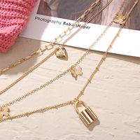 Golden Butterfly Pendant Necklace Stacking Multi-layer Clavicle Chain Love Lock Pendant Alloy Necklace main image 4