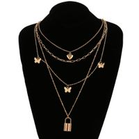 Golden Butterfly Pendant Necklace Stacking Multi-layer Clavicle Chain Love Lock Pendant Alloy Necklace main image 5