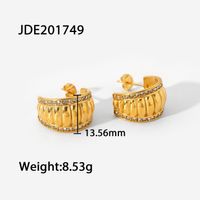 Ins Internet Celebrity European And American Fashion Double Layer Inlaid Zirconium Bread Pattern Wide Surface C- Shaped Earrings 18k Gold Stainless Steel Earrings For Women sku image 1