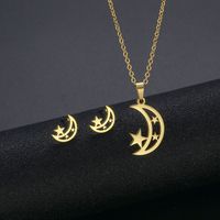 Star Moon Set Stainless Steel Hollow Star Moon Necklace Earrings Three-piece Clavicle Chain sku image 1