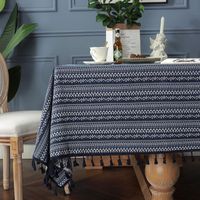 Bohemian Ethnic Style Yarn-dyed Jacquard Blue Geometric Tassel Tablecloth Home Coffee Table Cover Cloth Tablecloth main image 1