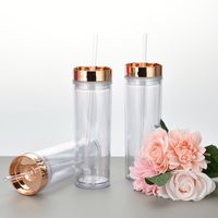 Spot Goods 16oz Double Plastic Straw Cup Simple Skinny Straight Tube Can Be Set Rose Gold Plating Lid Water Cup main image 3