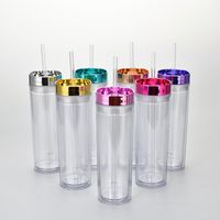Spot Goods 16oz Double Plastic Straw Cup Simple Skinny Straight Tube Can Be Set Rose Gold Plating Lid Water Cup main image 4