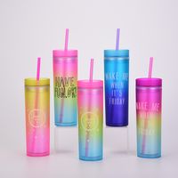 New Gradient Rainbow Color Water Cup Straight Double Plastic Straw Cup main image 5