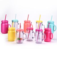 European And American Solid Color Plastic Coctail Glass With Handle Wholesale Double Layer Plastic Mason Bottle Daily Tumbler With Straw main image 1