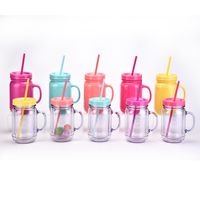 European And American Solid Color Plastic Coctail Glass With Handle Wholesale Double Layer Plastic Mason Bottle Daily Tumbler With Straw main image 3