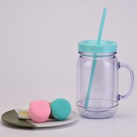 European And American Solid Color Plastic Coctail Glass With Handle Wholesale Double Layer Plastic Mason Bottle Daily Tumbler With Straw main image 5