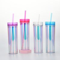 New Products In Stock Skinny Straight Body Double Plastic Straw Cup 450ml Adjustable Water Cup Magic Color Laser Drink Cup main image 1