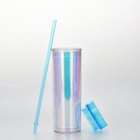 New Products In Stock Skinny Straight Body Double Plastic Straw Cup 450ml Adjustable Water Cup Magic Color Laser Drink Cup main image 4