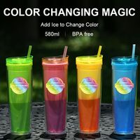 Factory Wholesale Double-layer Plastic Cup Gift Cup Creative Temperature Gradient Color Drink Straw Discoloration Cup Can Be Set main image 4