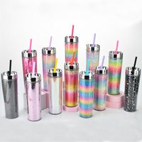 16oz Double-layer Plastic Straw Cup Rainbow Gradient Glitter Straight Cup Universal Cold Drink Cup main image 3