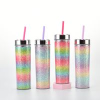 16oz Double-layer Plastic Straw Cup Rainbow Gradient Glitter Straight Cup Universal Cold Drink Cup main image 1
