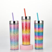 16oz Double-layer Plastic Straw Cup Rainbow Gradient Glitter Straight Cup Universal Cold Drink Cup main image 4