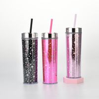 16oz Double-layer Plastic Straw Cup Rainbow Gradient Glitter Straight Cup Universal Cold Drink Cup main image 5