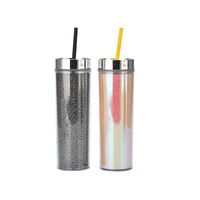 16oz Double-layer Plastic Straw Cup Rainbow Gradient Glitter Straight Cup Universal Cold Drink Cup main image 6