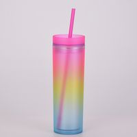 New Gradient Rainbow Color Water Cup Straight Double Plastic Straw Cup sku image 1